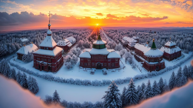 A winter sunset over a snowy building with a red roof and a white roof.