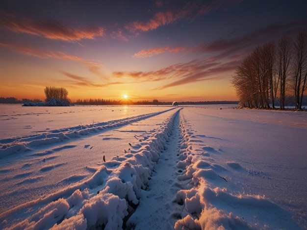 Photo winter sunset over snowy fields beautiful natural landscape