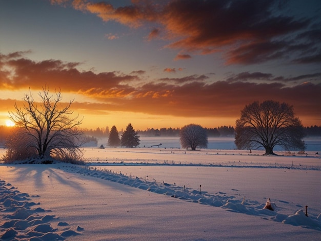 Winter Sunset Over Snowy Fields Beautiful Natural Landscape