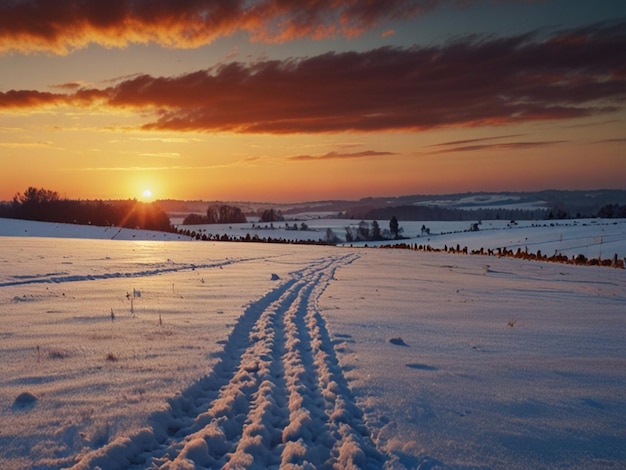 Photo winter sunset over snowy fields beautiful natural landscape