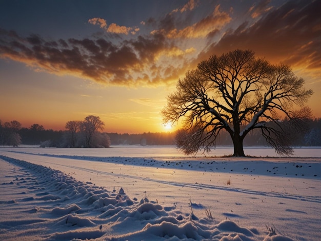 Winter Sunset Over Snowy Fields Beautiful Natural Landscape