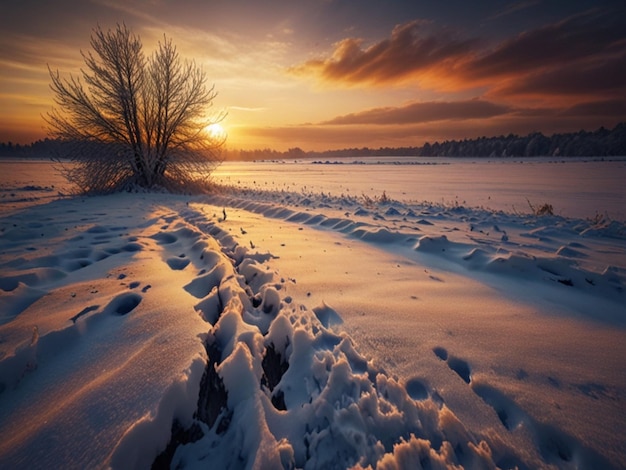 Photo winter sunset over snowy fields beautiful natural landscape