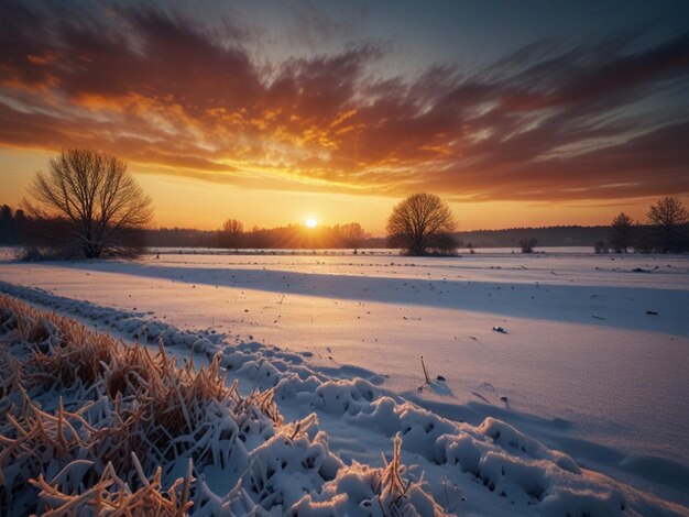 Winter Sunset Over Snowy Fields Beautiful Natural Landscape