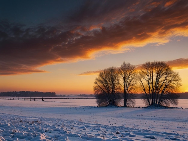 Winter Sunset Over Snowy Fields Beautiful Natural Landscape