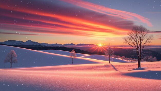 Photo winter sunset vibrant colors reflecting off snowcovered hills