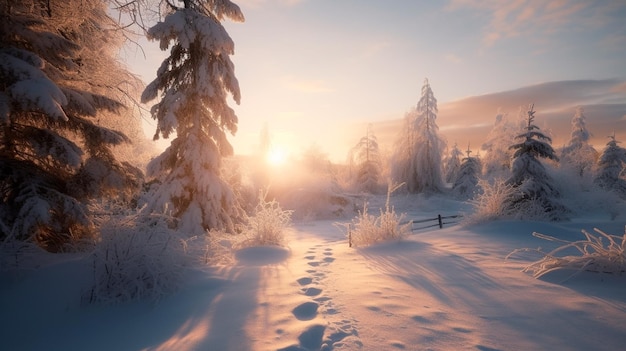 Winter sunset in a winter wonderland landscape with plenty of snow and snow covered trees Generative AI