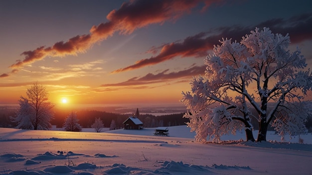 Photo a winter sunset with a tree and a house in the background