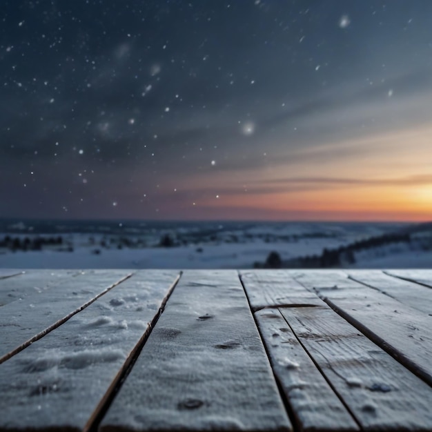 Winter Table Snowy Plank With Snowfall In The Cold Sky