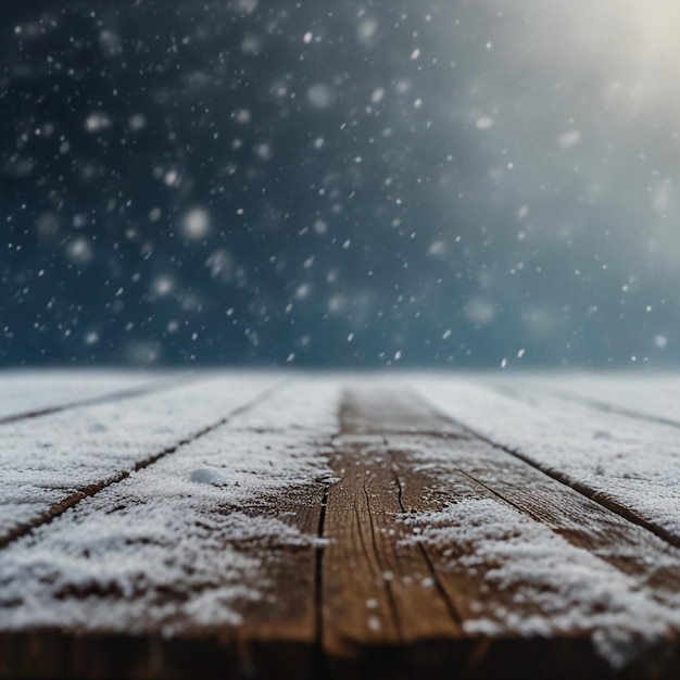 Winter Table Snowy Plank With Snowfall In The Cold Sky