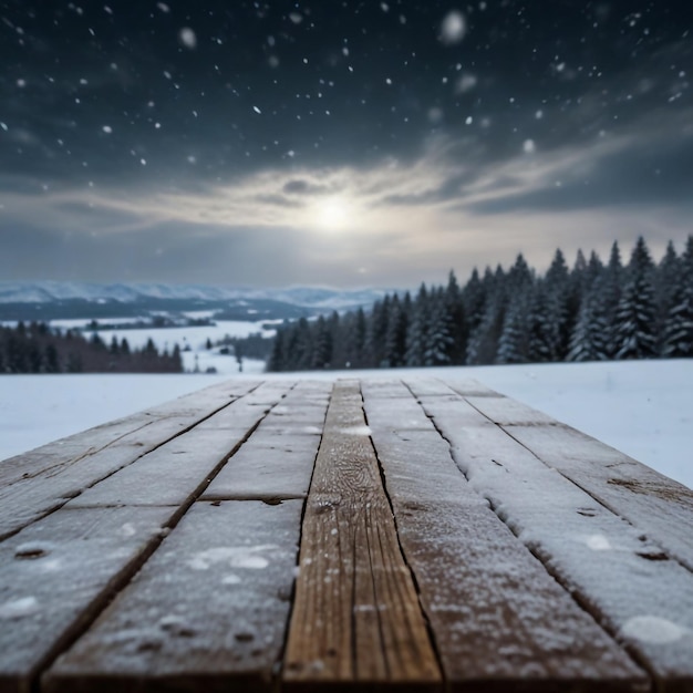 Winter Table Snowy Plank With Snowfall In The Cold Sky