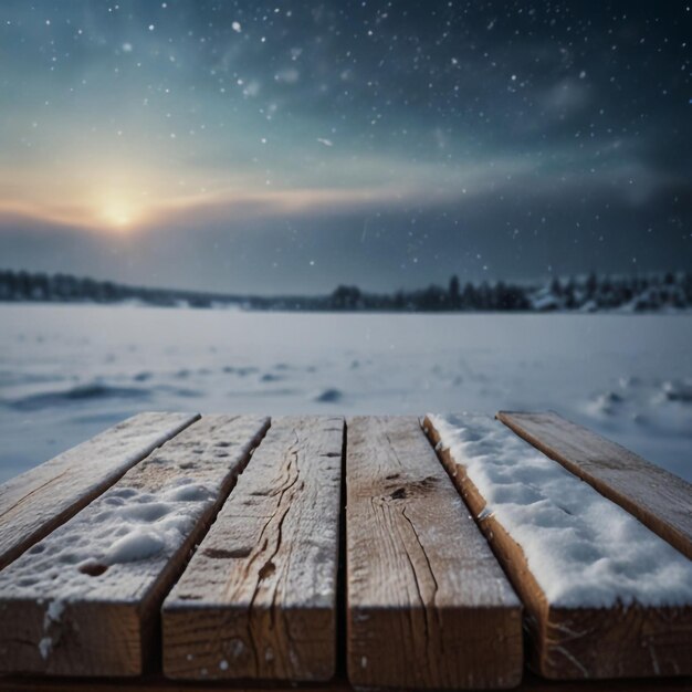 Winter Table Snowy Plank With Snowfall In The Cold Sky