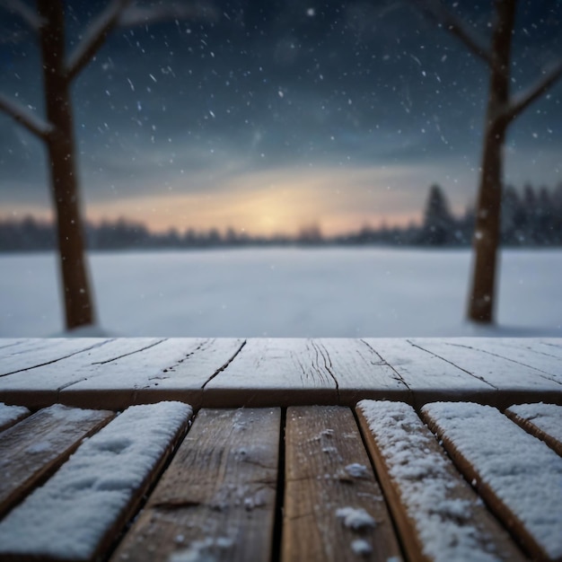 Winter Table Snowy Plank With Snowfall In The Cold Sky