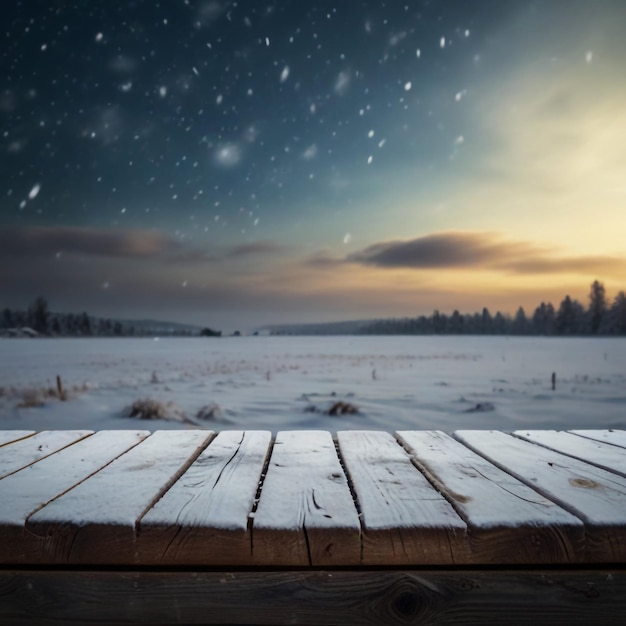 Winter Table Snowy Plank With Snowfall In The Cold Sky