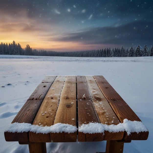 Winter Table Snowy Plank With Snowfall In The Cold Sky