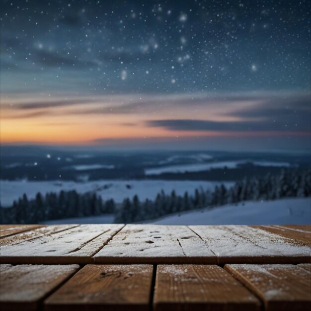 Winter Table Snowy Plank With Snowfall In The Cold Sky