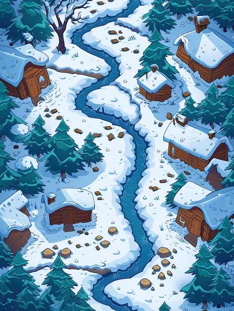 Photo winter themed cartoon style game map with player path