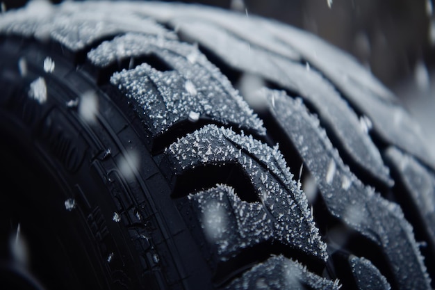 Photo winter tire with snowflakes falling