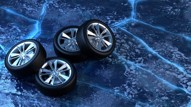 Winter tires on ice. car safety and driving concept
