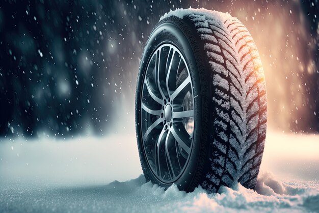 winter tires on a snowy and icy winter road backdrop Concept tyres winter tread winter weather