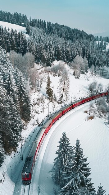 winter train goes around the hills beautiful nature