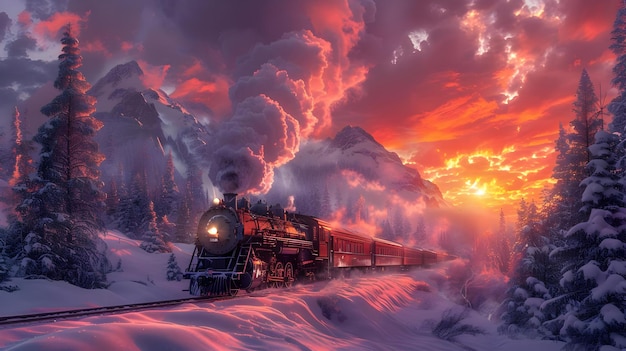 Winter Train Journey Through Snowy Mountains Illustration