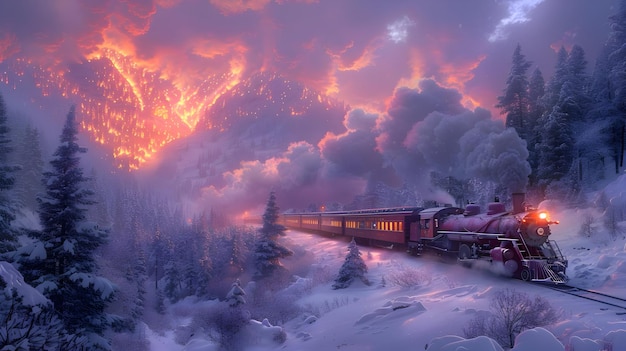 Winter Train Through Snowy Mountain Pass with Sunset Illustration