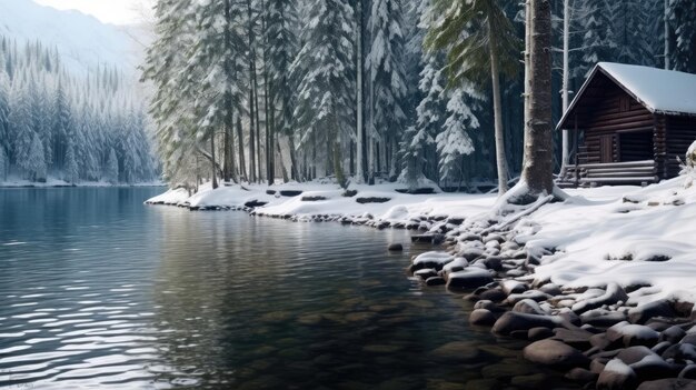 Photo winter tranquility a snowy forest with a frozen lake and a wooden cabin