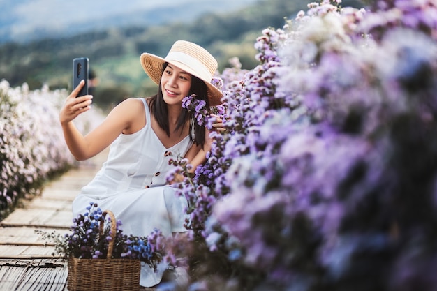 Winter travel relax vacation concept, Young happy traveler asian woman with mobile phone sightseeing on Margaret Aster flowers field in garden at Chiang Mai, Thailand