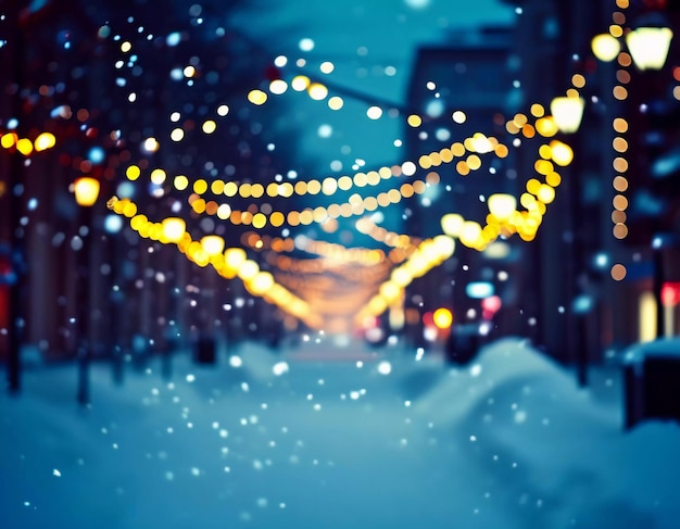 Photo winter twinkling lights capturing spirit of christmas and new year as snow gently falls creating a magical bokeh effect that transforms the urban landscape into a festive wonderland generative ai