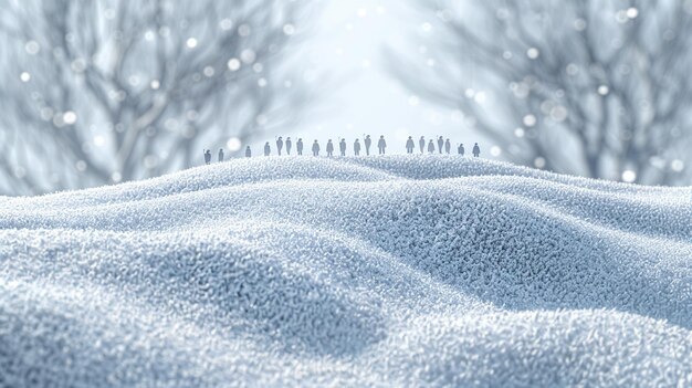 Photo winter view horizon line snowfall and a group of people in a row abstract background copy space fest