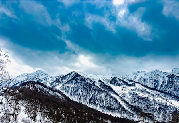 Winter view of the mountains Krasnaya Polyana Rosa Khutor Olympic Village Estosadok Sochi