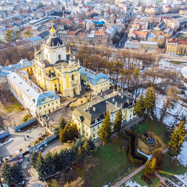 Winter view of old church birds eye view