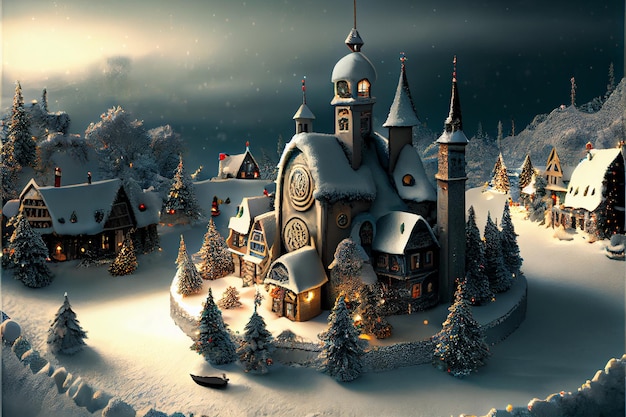 The winter village decorates the Merry Christmas festival 3D rendering