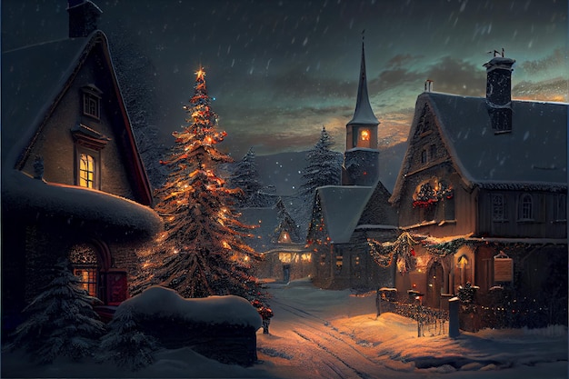 The winter village decorates the Merry Christmas festival 3D rendering