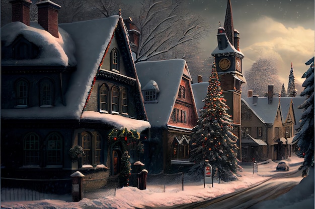 The winter village decorates the Merry Christmas festival 3D rendering