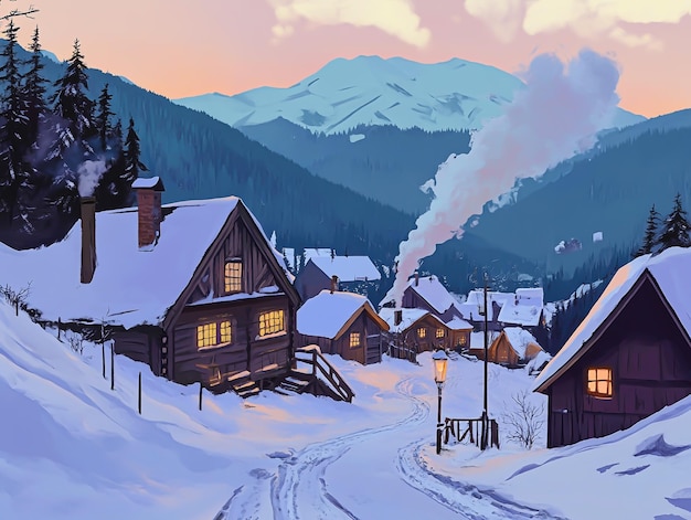 winter village nestled in the mountains