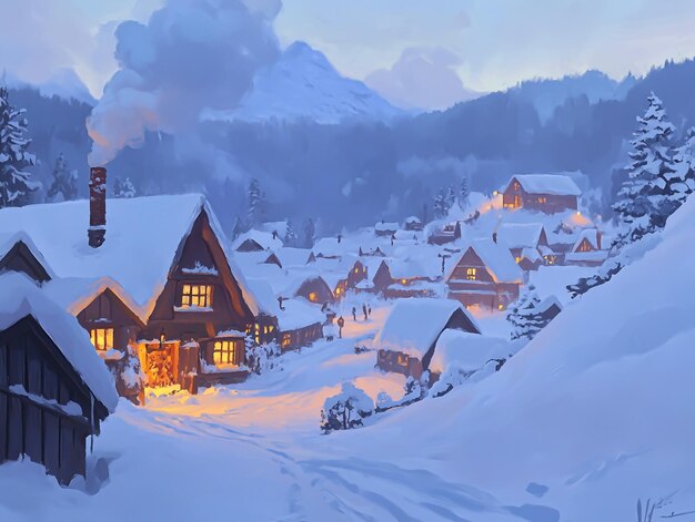 winter village nestled in the mountains