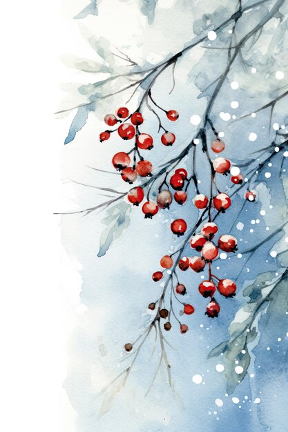 Winter watercolor card with berries Illustration AI GenerativexA