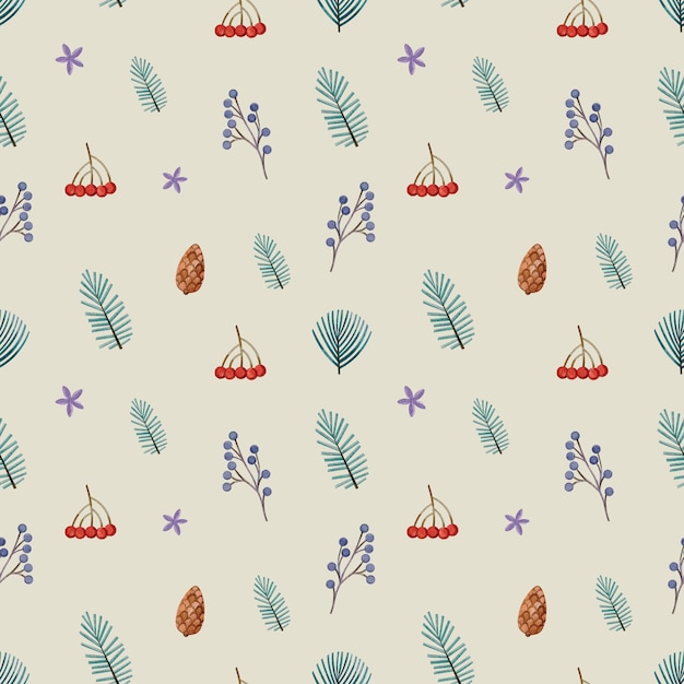 winter watercolor seamless pattern with branches and berries