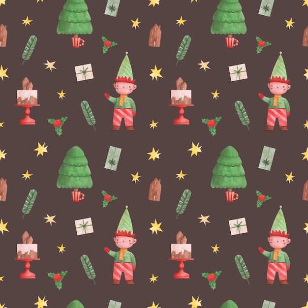 winter watercolor seamless pattern with elf with christmas tree and gift