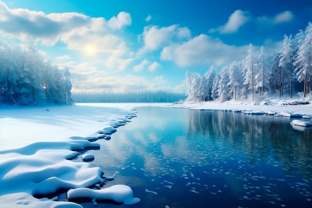 Winter weather in the forest Winter atmosphereWinter lake Background wallpaper AI Generated