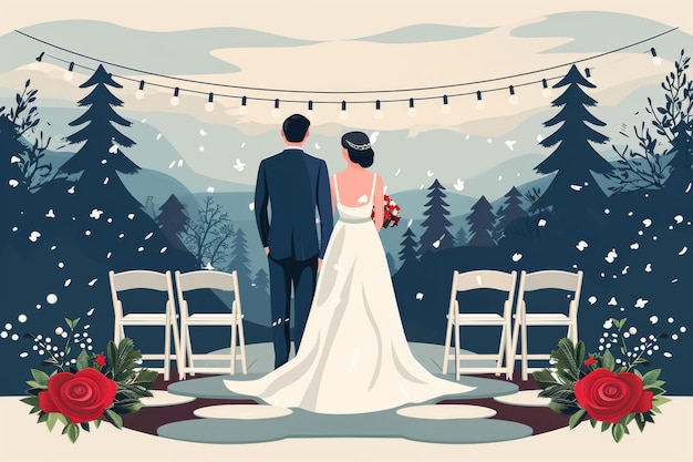 Photo winter wedding scene with bride and groom under string lights symbolizing love celebration and toge