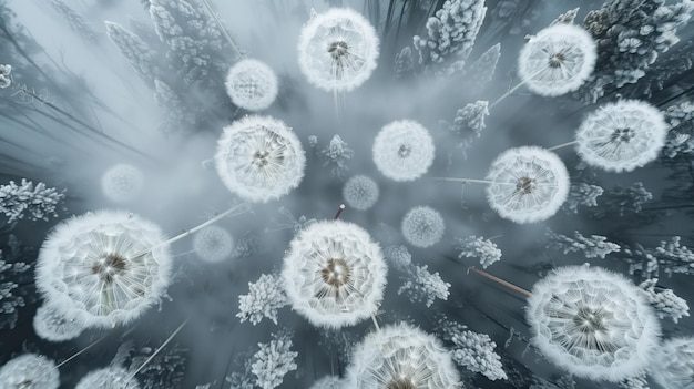 Winter Whisper An ethereal display of dandelion seeds against a frosty background evoking the serene and delicate beauty of nature in winter captured in a dreamlike state