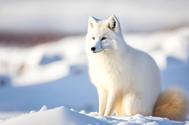 Winter white arctic fox with beautiful red ears on snowcovered hill