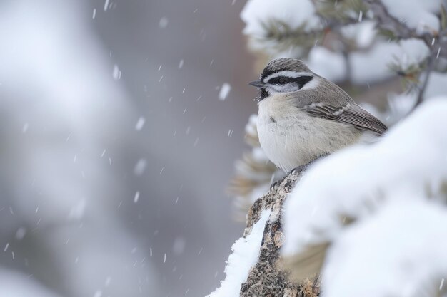 Winter Wildlife Mountain Chickadee Bird with Snow and Feathers in Central Colorado