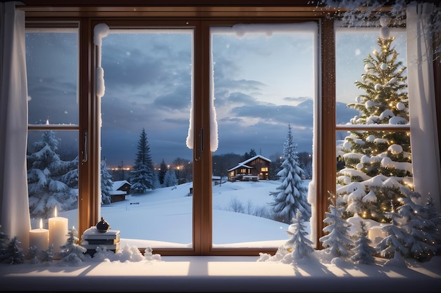 Winter Window with Snow and Decorations