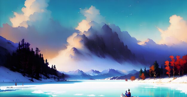 Winter Wonderland in Alaska Milky Way Panorama Snow mountains with frozen lake Generative AI for creative posters paintings facebook covers