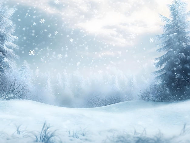 Winter Wonderland Background with Falling Snowflakes in Various Sizes on a Gradient Blue to White Background Creating a Magical and Festive Seasonal Atmosphere