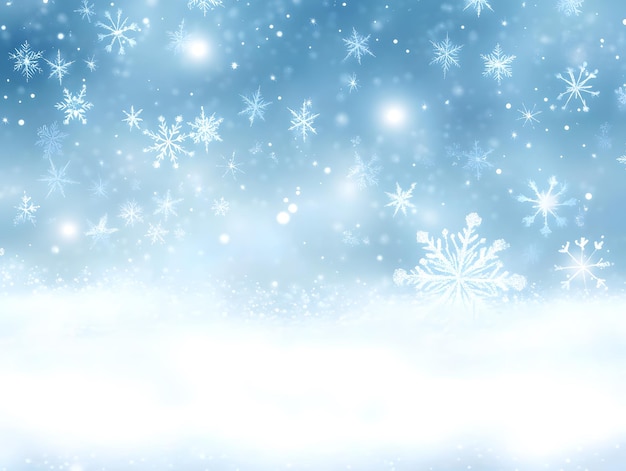 Photo winter wonderland background with falling snowflakes in various sizes on a gradient blue to white background creating a magical and festive seasonal atmosphere