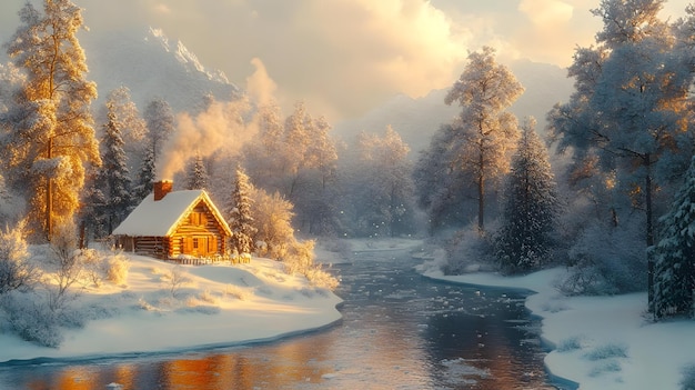 Winter Wonderland Cabin by the River 3D Illustration